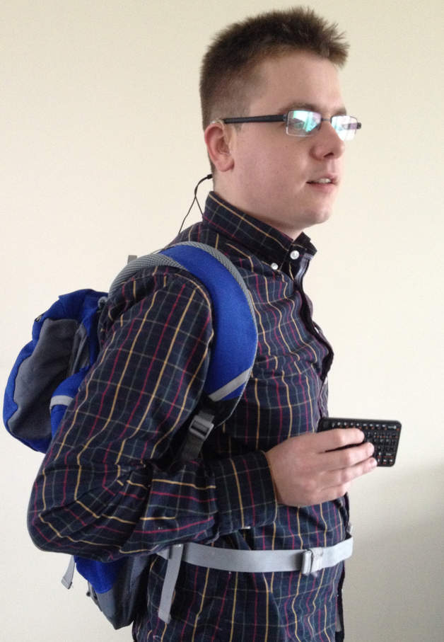 the FaceSpeaker author wearing the FaceSpeaker prototype device